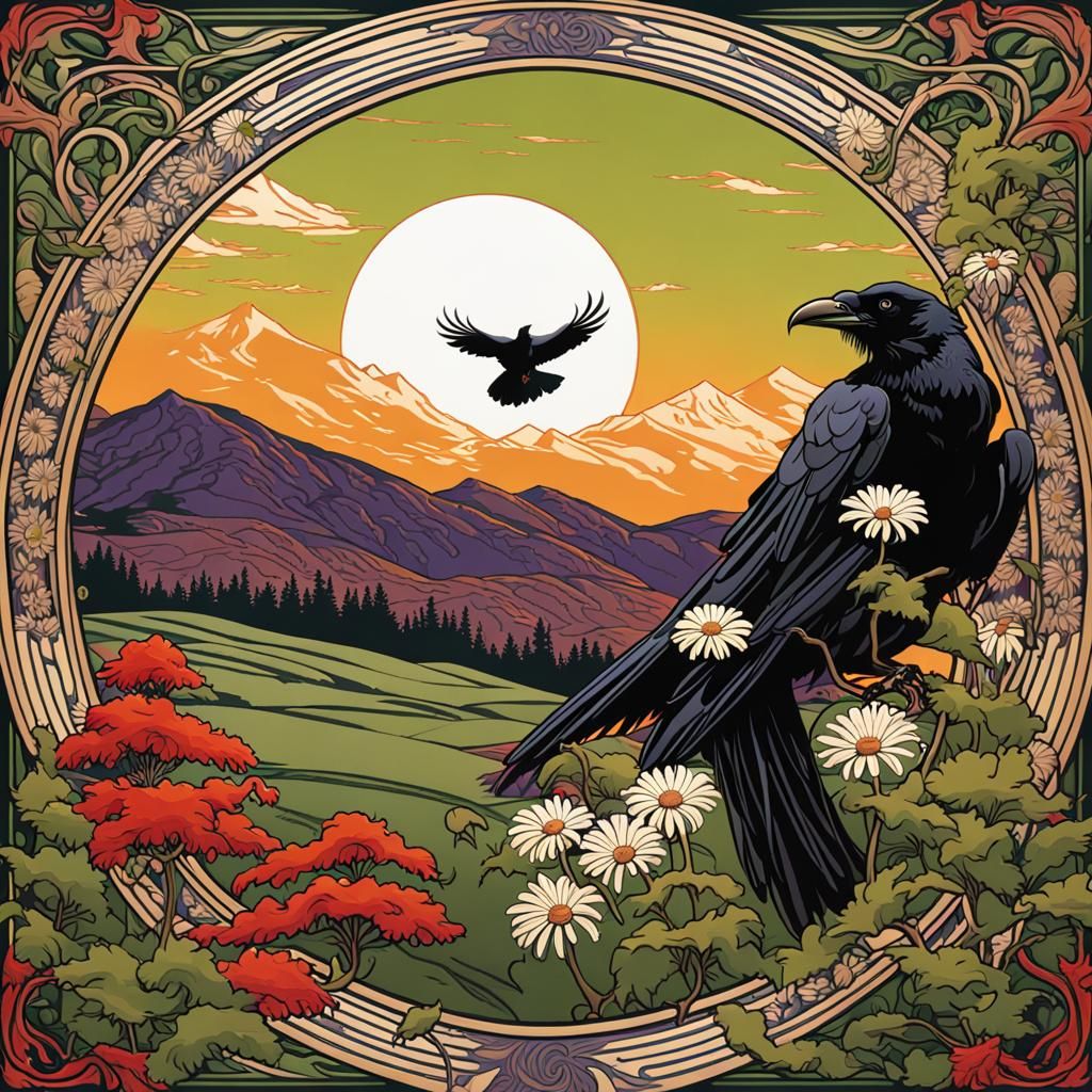 Crow in Maple Tree: Art Nouveau Woodcut