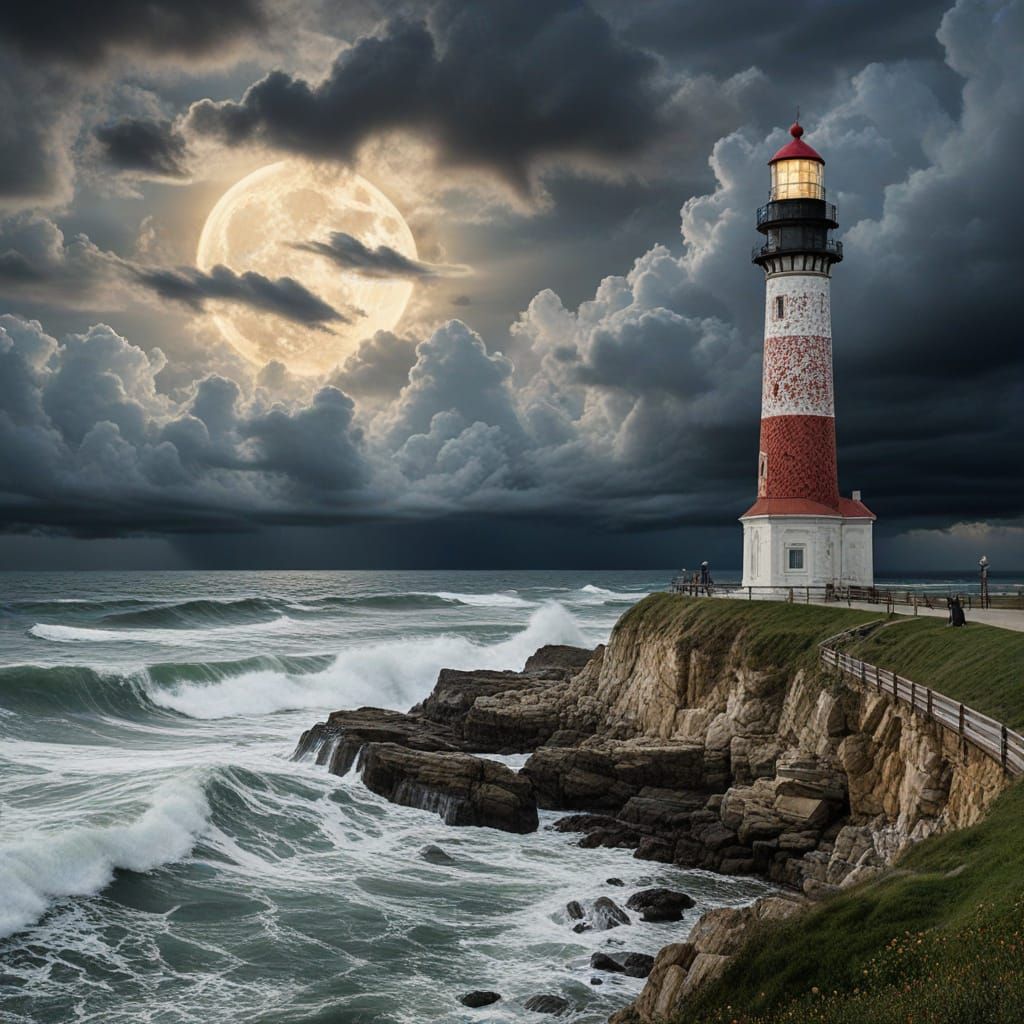 Surreal Renaissance Lighthouse Illuminates Turbulent Waves i...