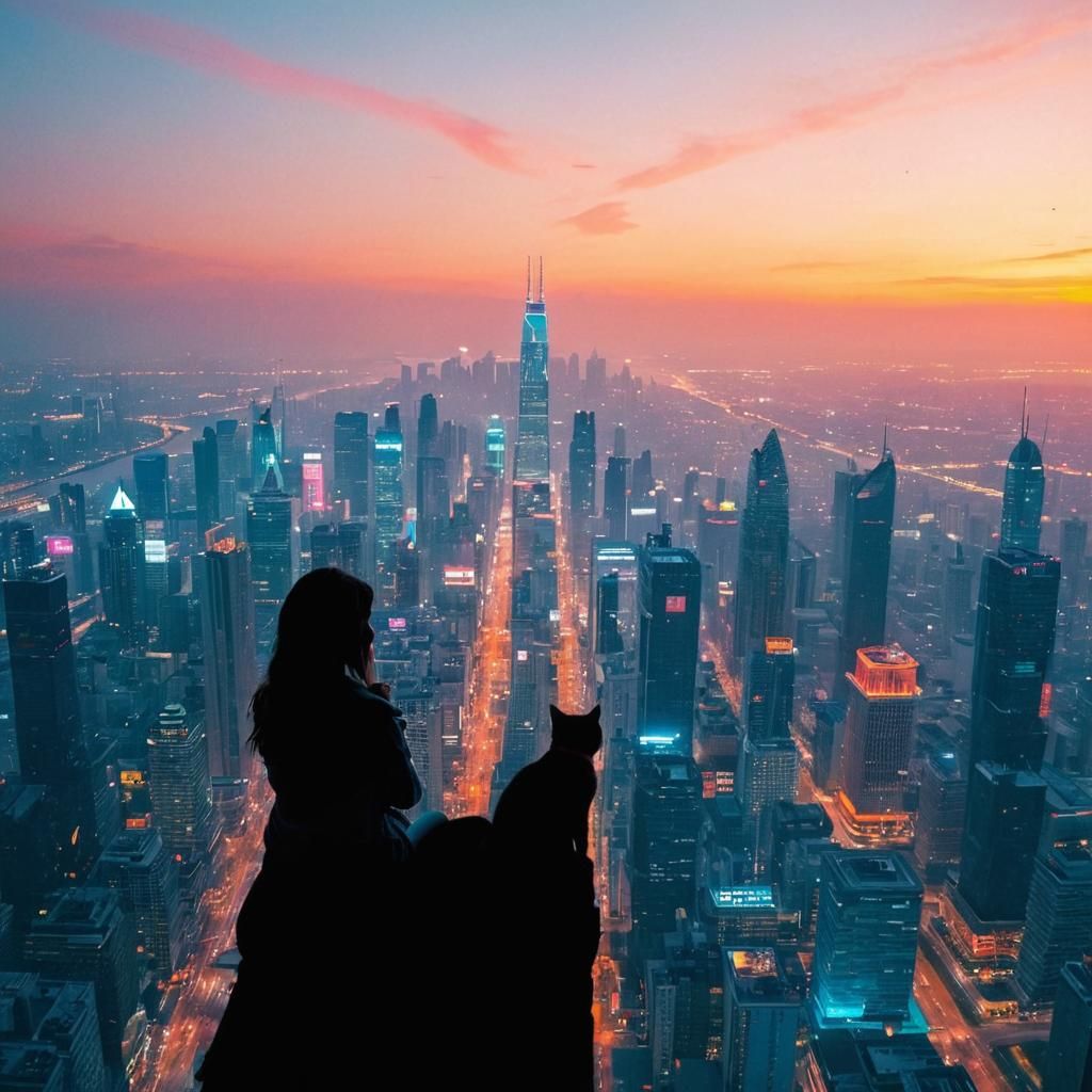 Neon Cyberpunk City Panorama with Girl and Cat