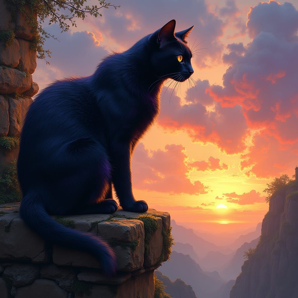 Ethereal Black Cat Contemplates Sunset on Weathered Stone Wa...