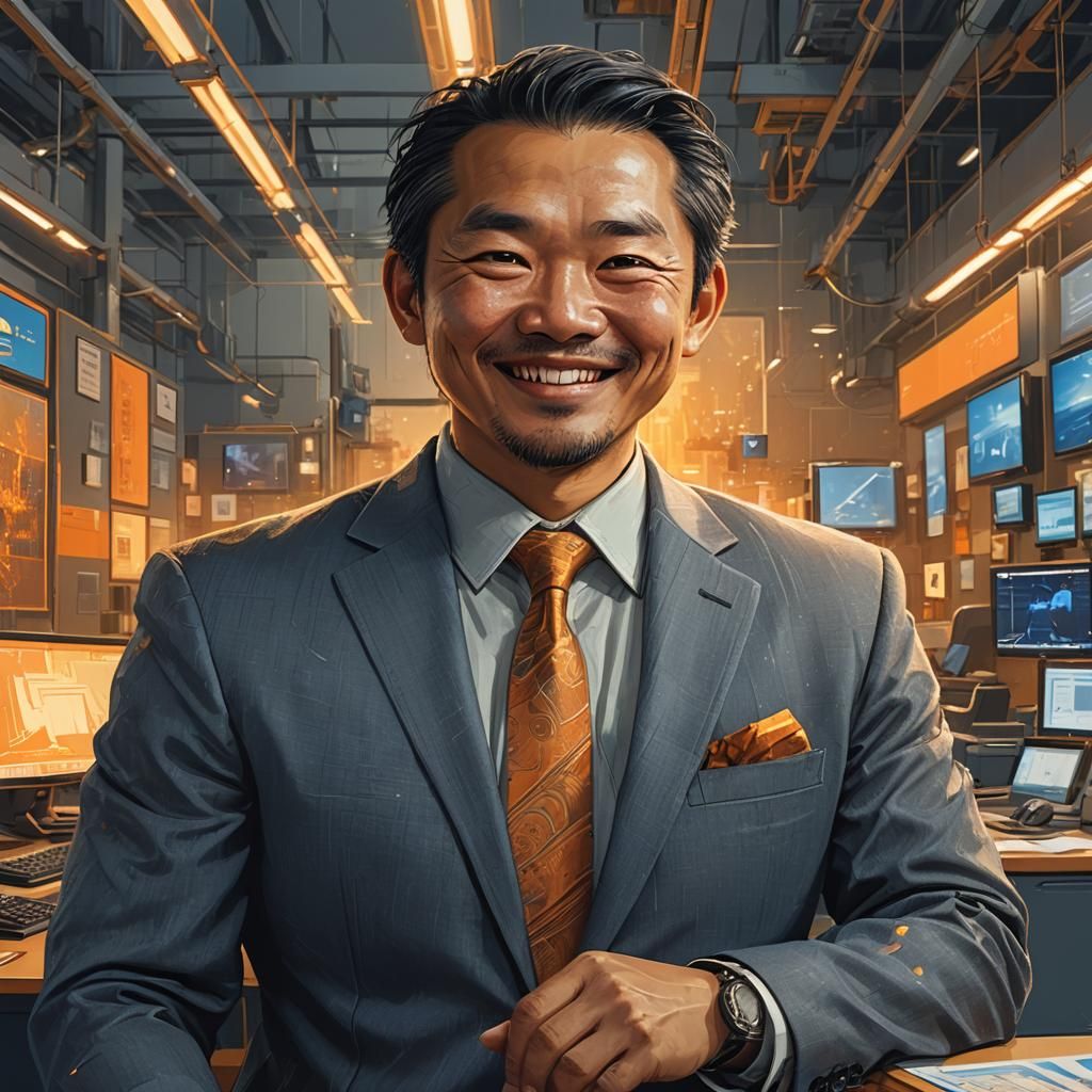 Smiling Asian Businessman in Modern Office, Detailed Matte P...