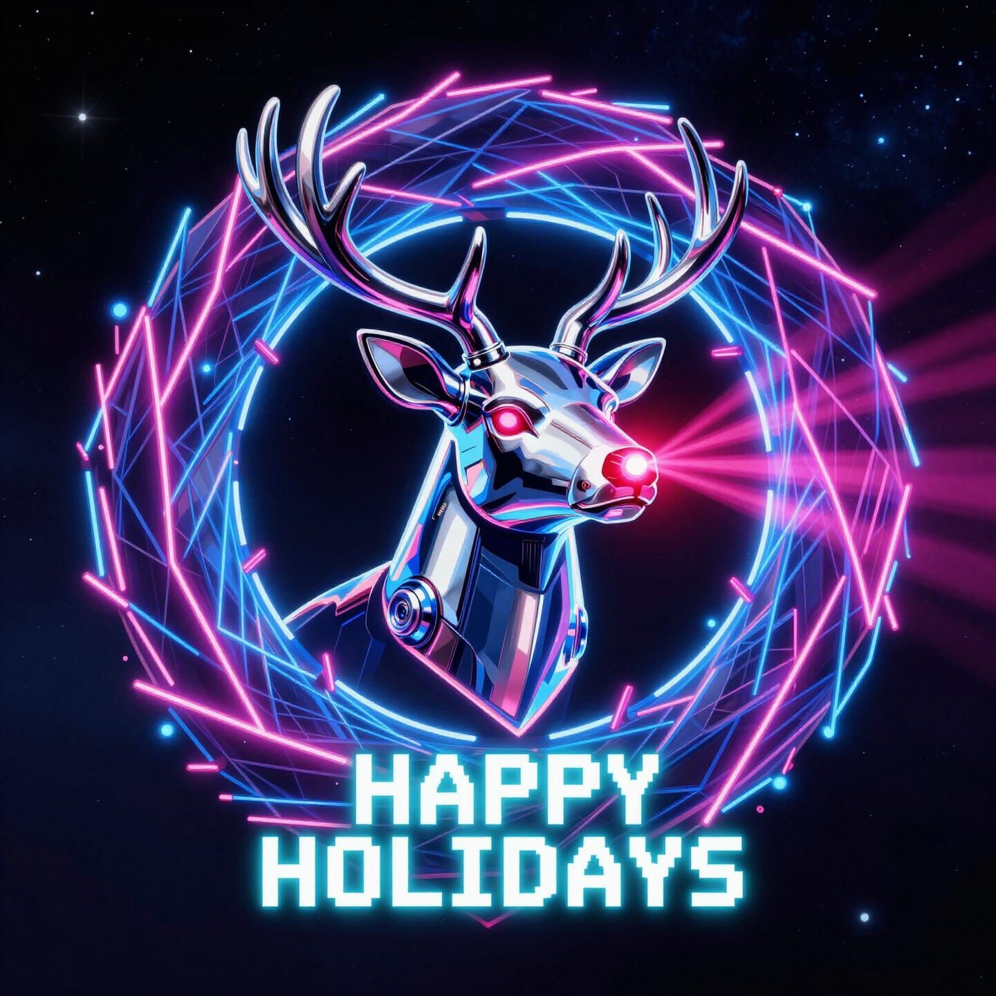 Cyberpunk Wreath with Cyborg Reindeer in Retro Neon Style