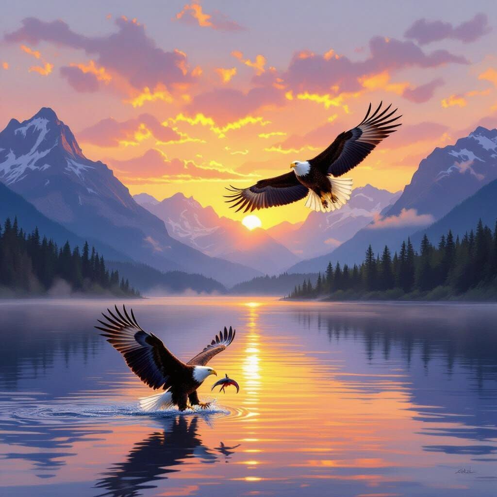 Vibrant Sunrise Over Misty Mountains with Soaring Eagle
