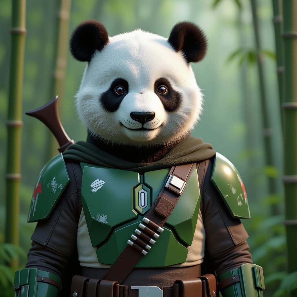 CGI Panda as Mandalorian in Bamboo Forest