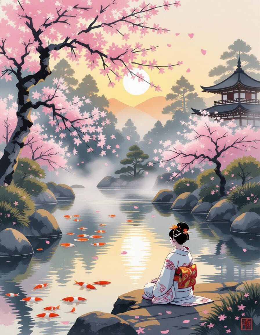 Japanese Garden at Dawn with Futuristic Geisha, Ukiyo-e Styl...