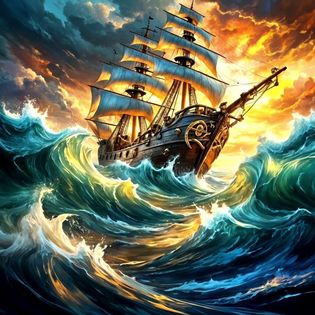 Pirate Ship in a Bottle on Stormy Seas