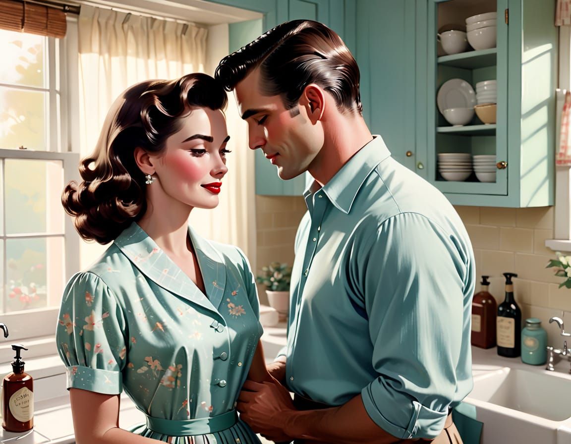 Classic 1950s Domestic Scene in Oil Painting Style