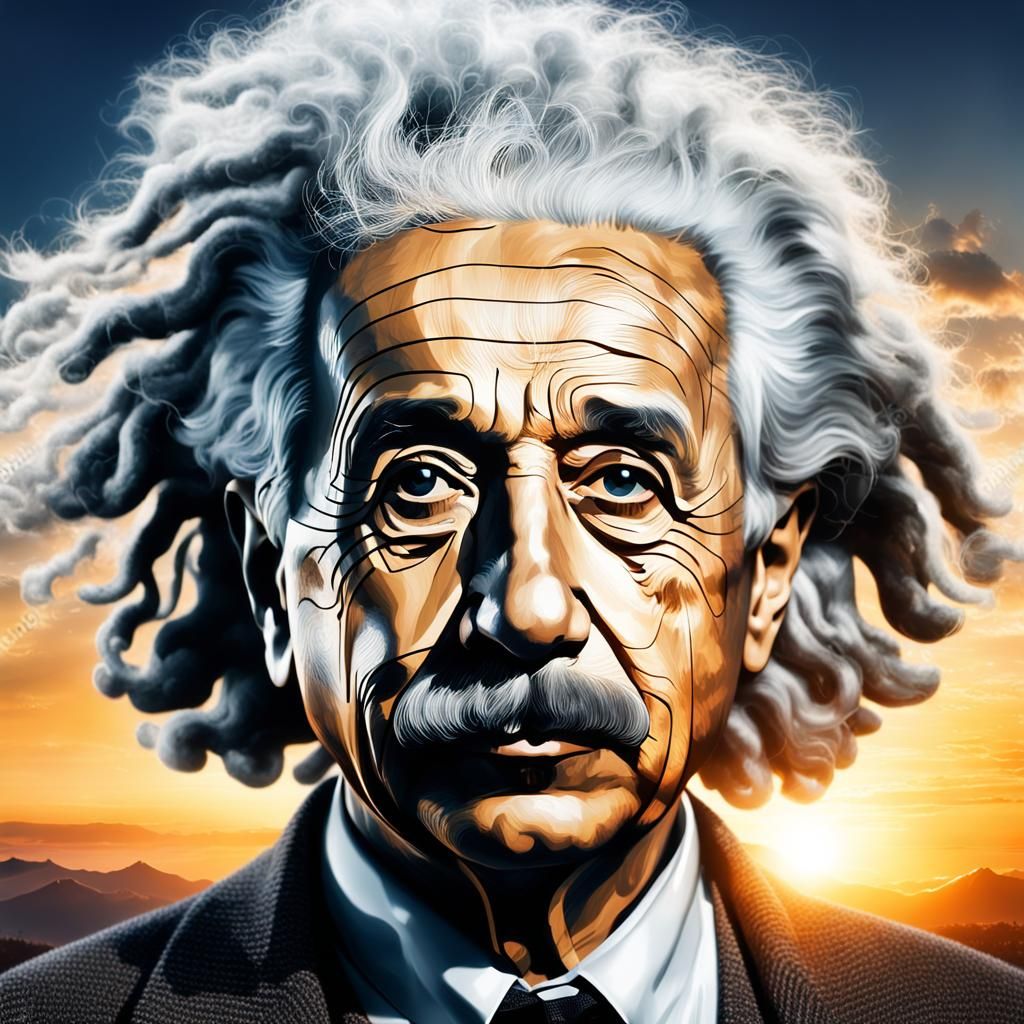 Einstein Portrait with AI Double Exposure, Cinematic