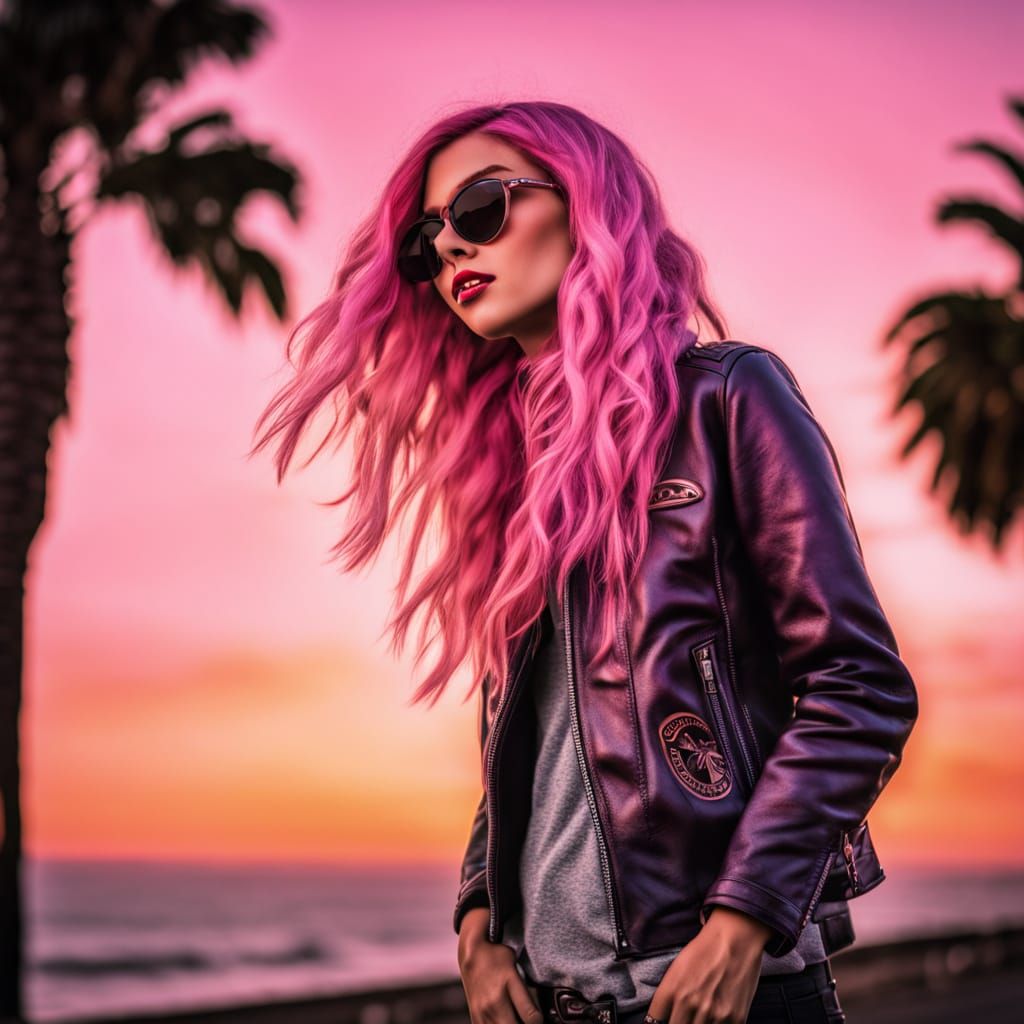 Pink-Haired Skateboarder at Sunset in Santa Cruz