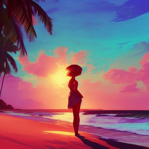 Girl on Tropical Beach at Twilight, Digital Art