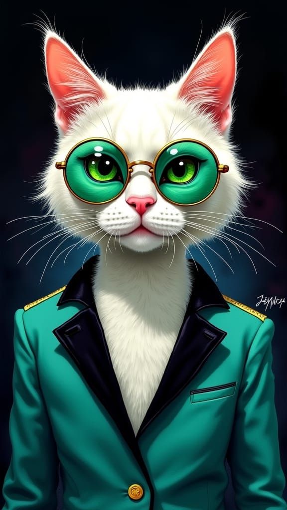 Regal Feline in Teal Jacket and Sunglasses
