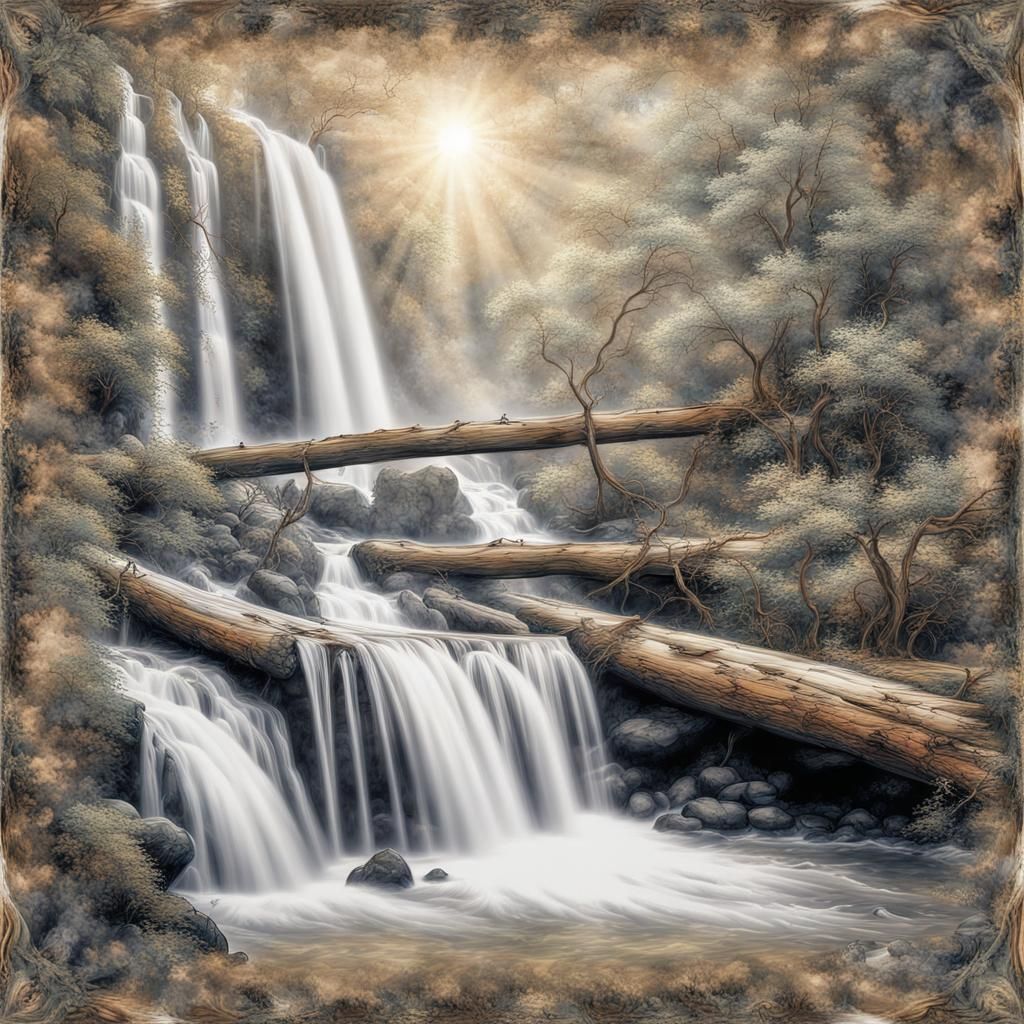 Inksplatter Landscape with Waterfall in Earth Art Style