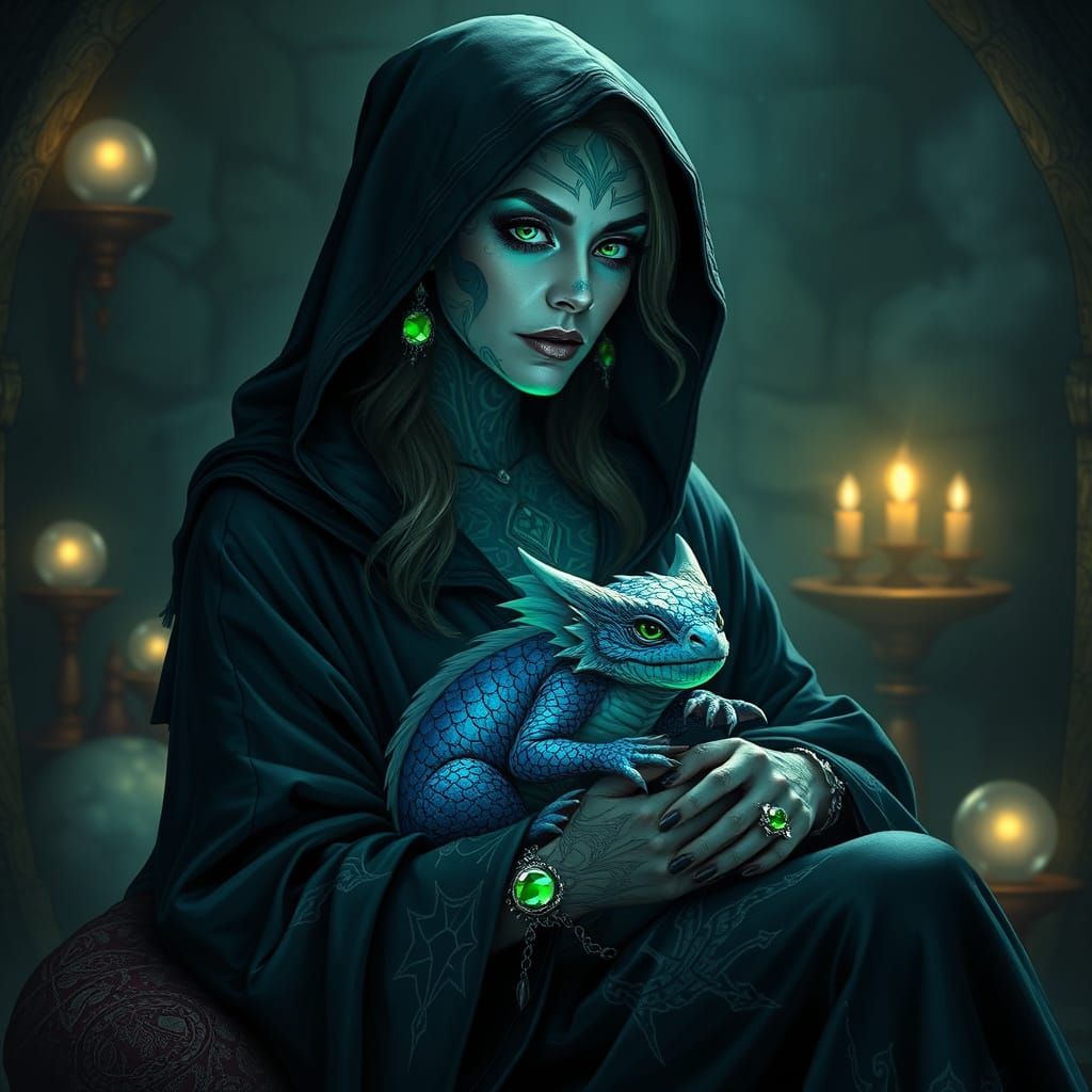 Regal Sorceress with Shimmering Tattoos and a Luminous Pet