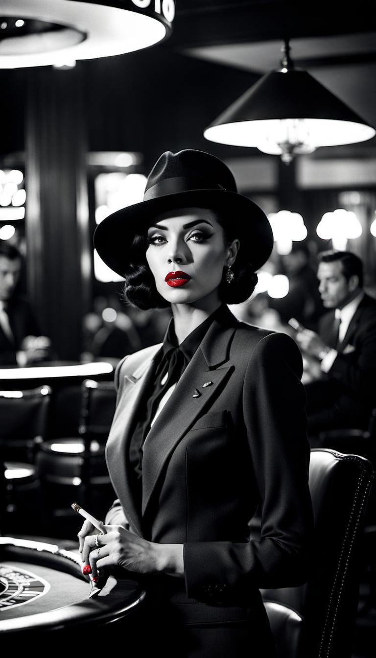 Film Noir Portrait: Woman Smoking at Casino