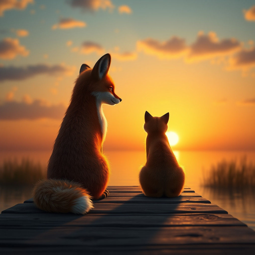 Fox and Cat Watching Sunset: Fantasy Concept Art