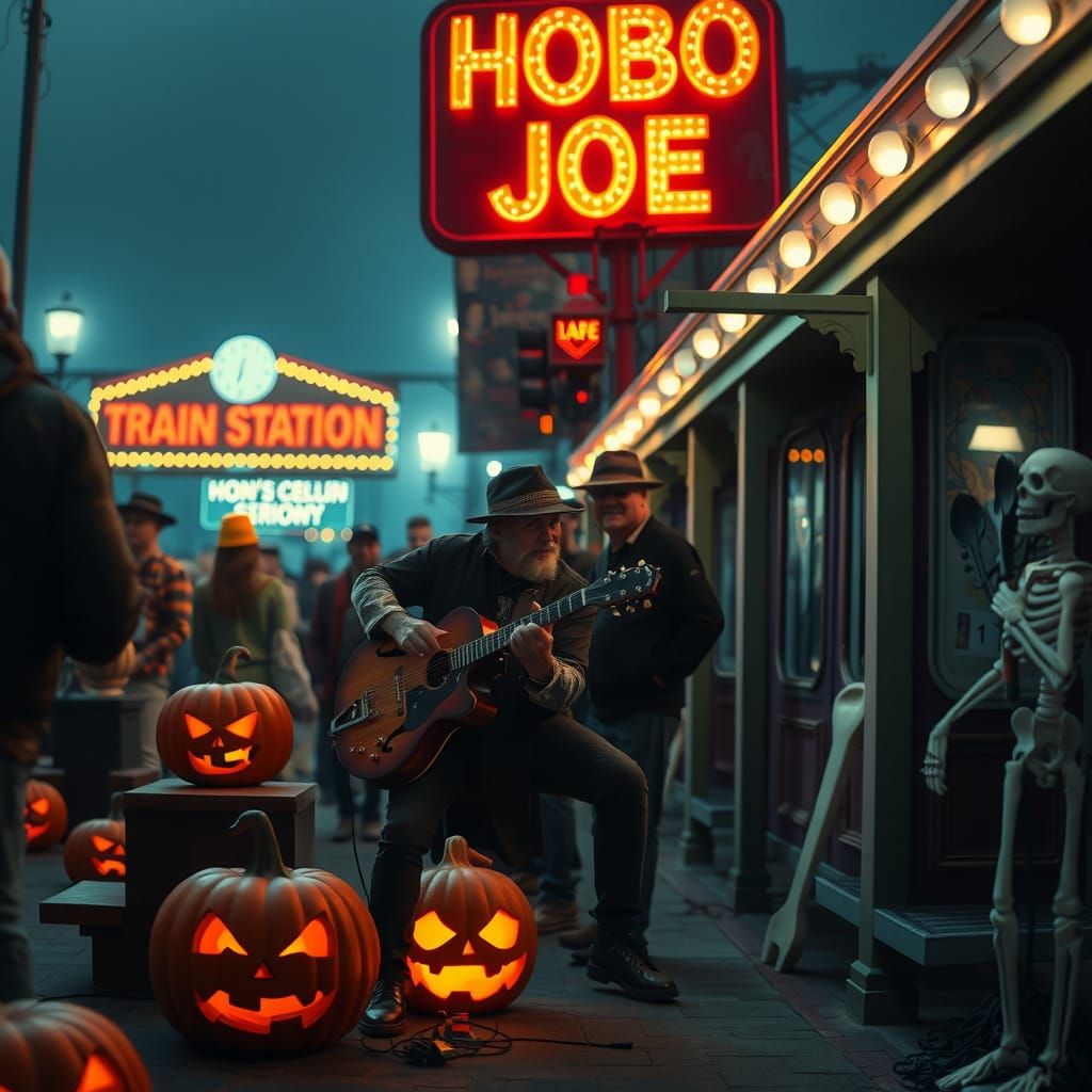 Musician Plays Guitar at Train Station in Fantasy Style