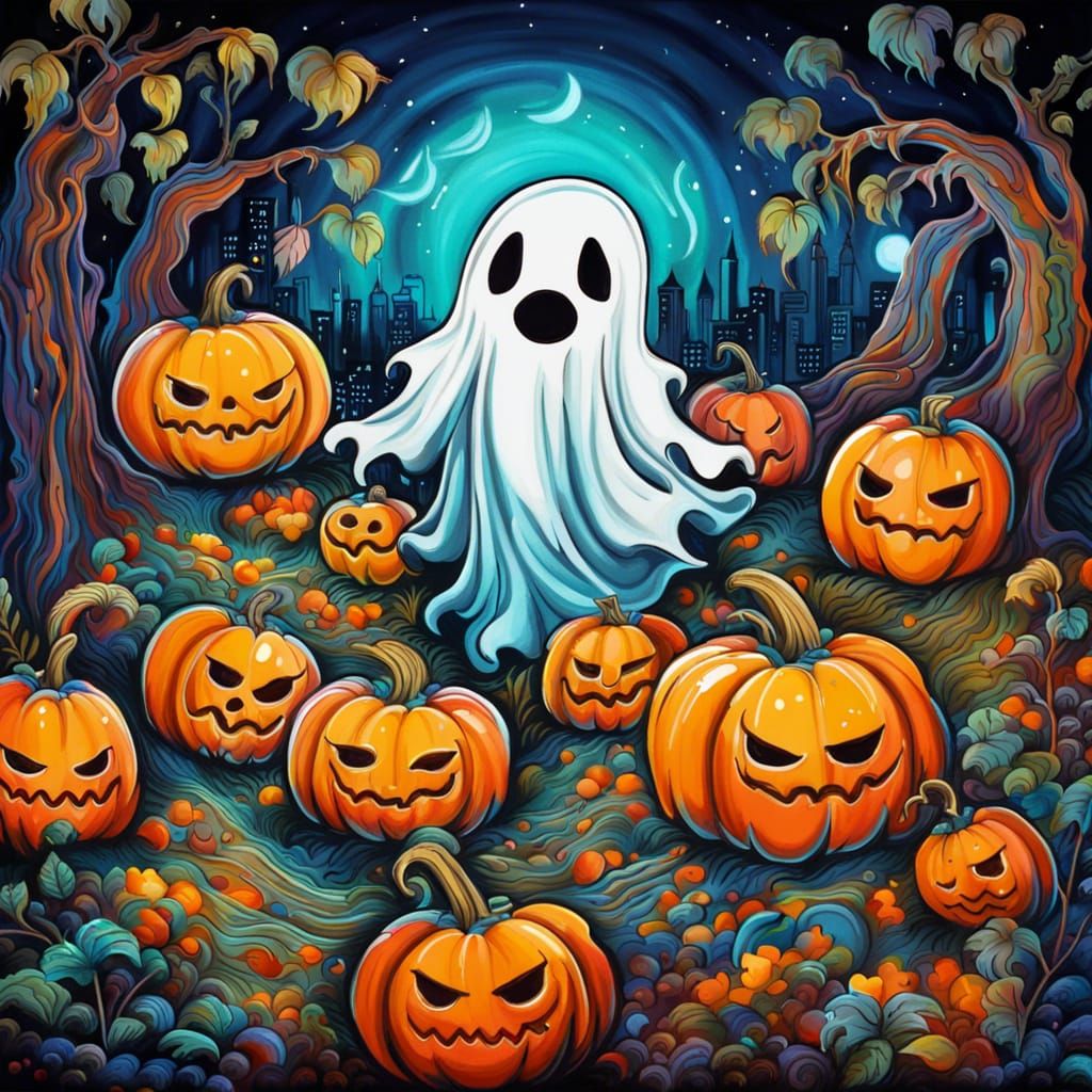 Enchanted Pumpkin Patch with Adorable Ghost in Graffiti Art