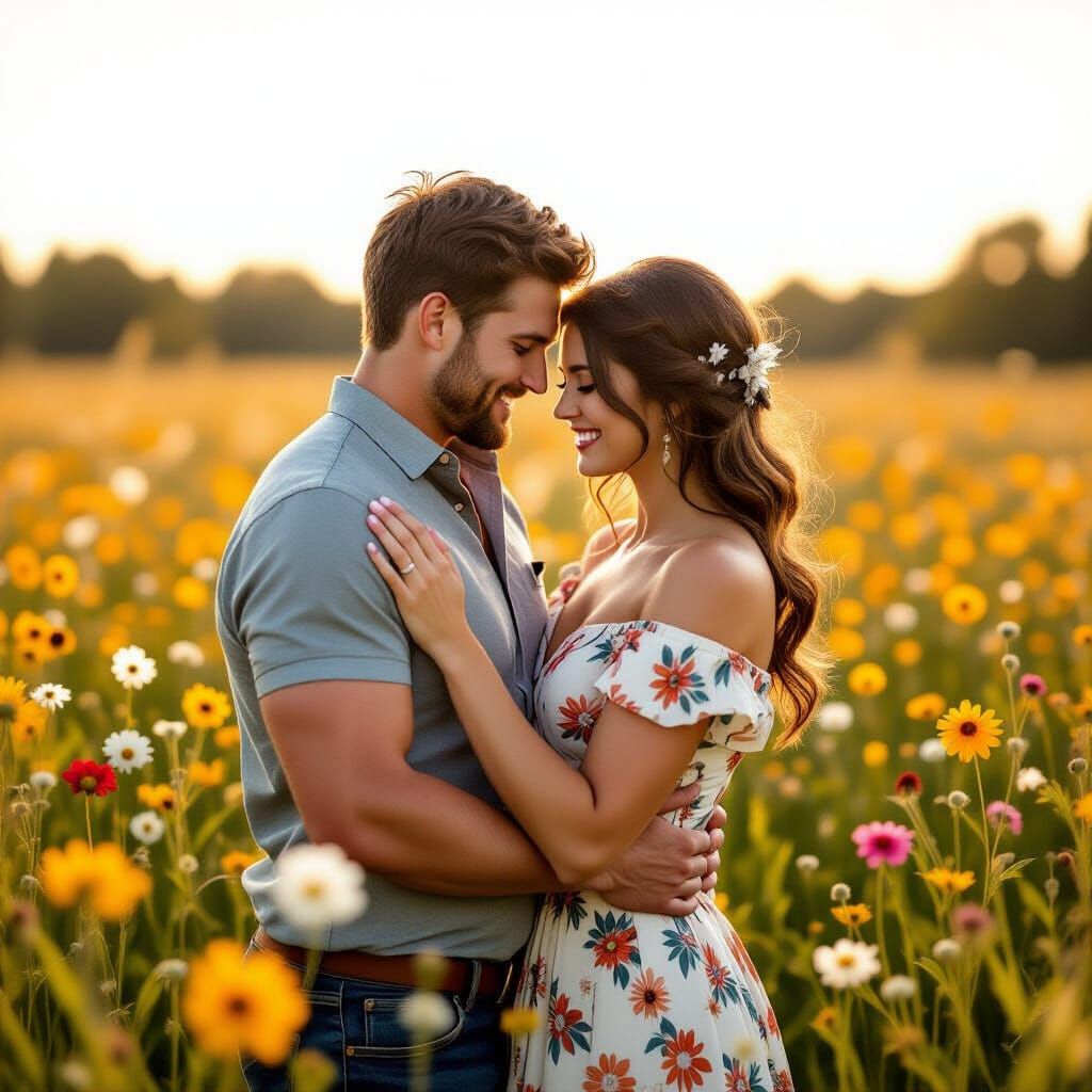 Young Couple Embracing in Wildflower Field