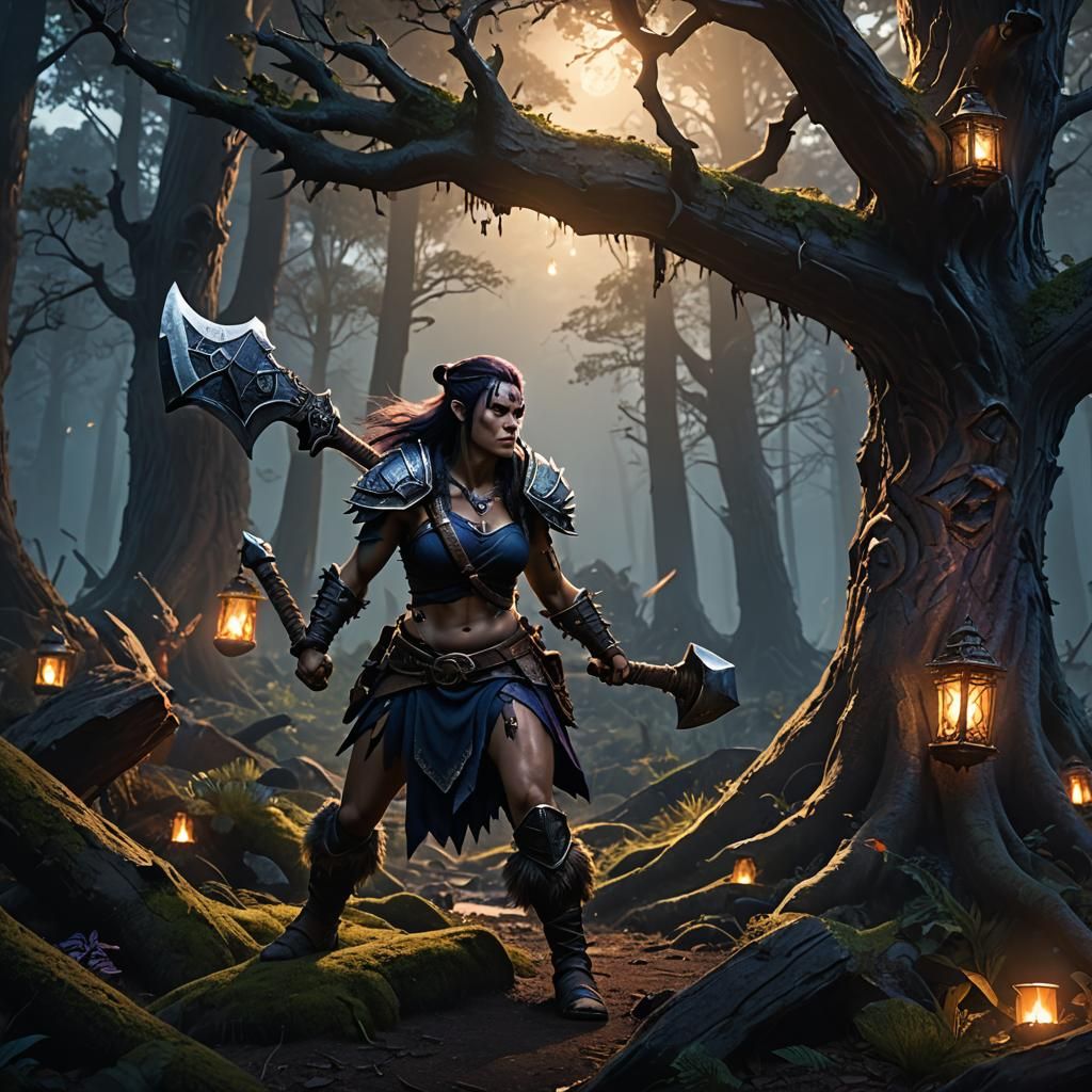 Half-Orc Barbarian in Mystical Forest: Digital Matte Paintin...