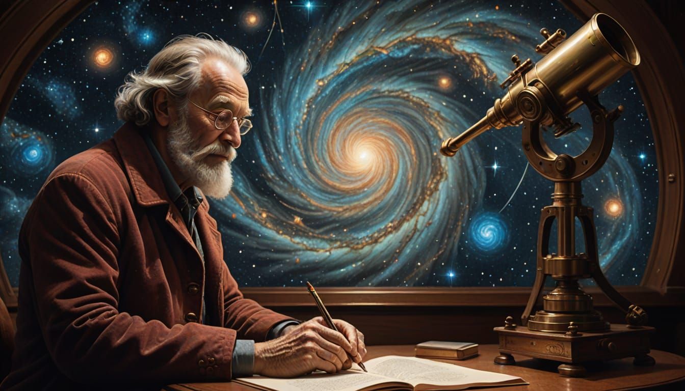 Elderly Astronomer Contemplates Cosmic Mysteries in Warm Mah...
