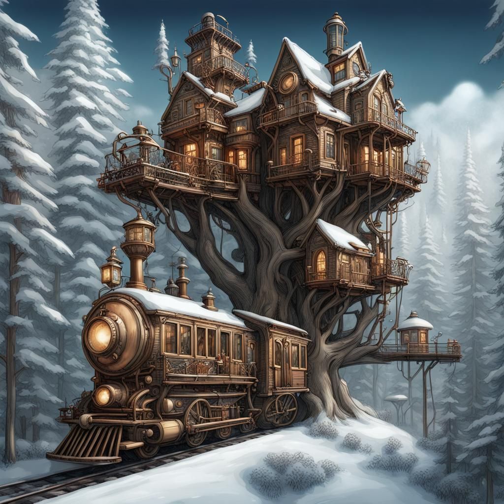 Steampunk Treehouse City in Snowy Forest