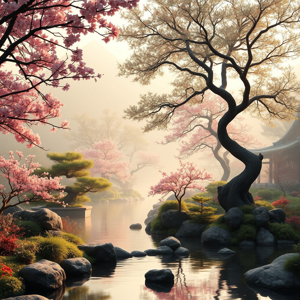 Serene Japanese Garden in Hyper-Realistic Style
