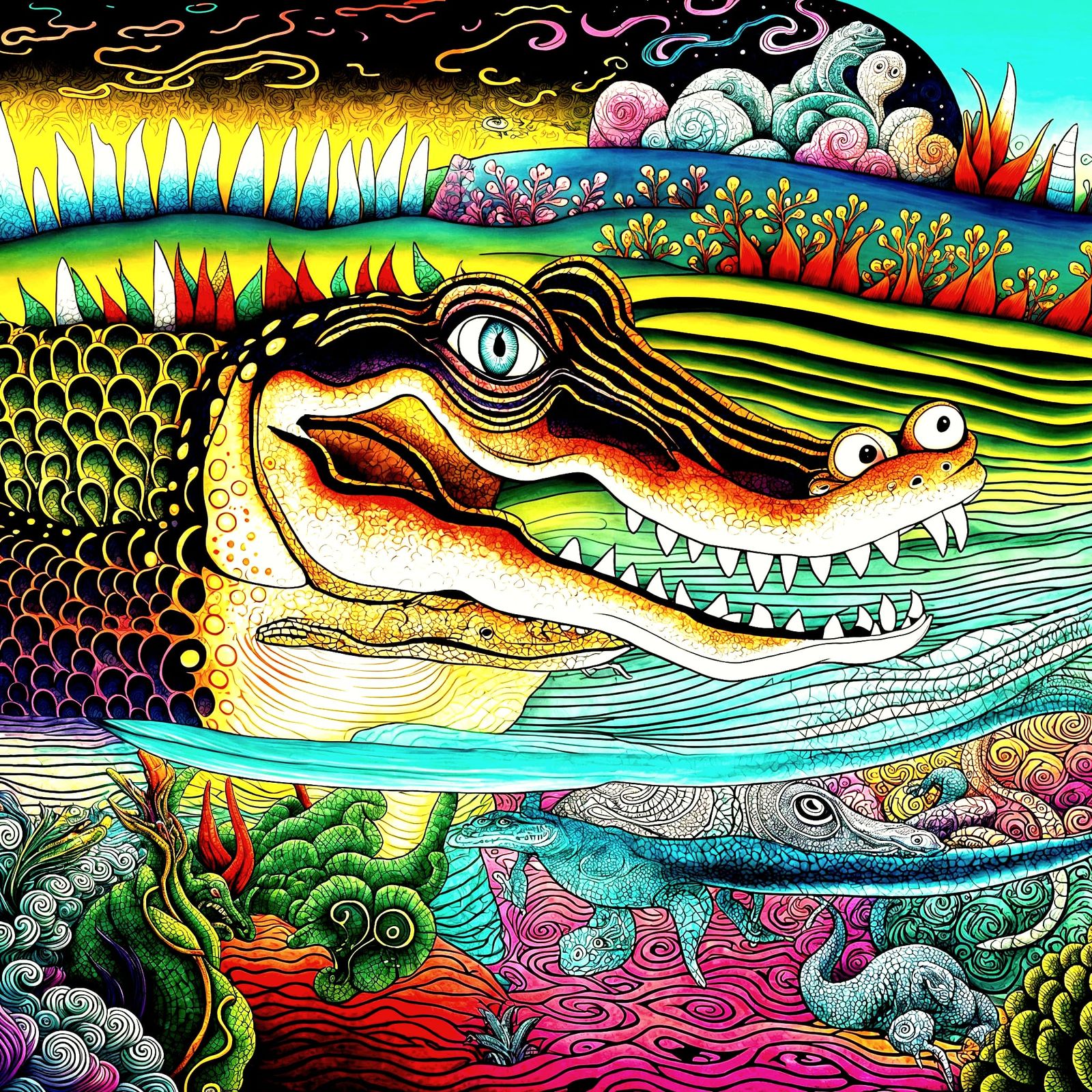 Vibrant Moonlight Crocodile in Zen Doodle Illusion
