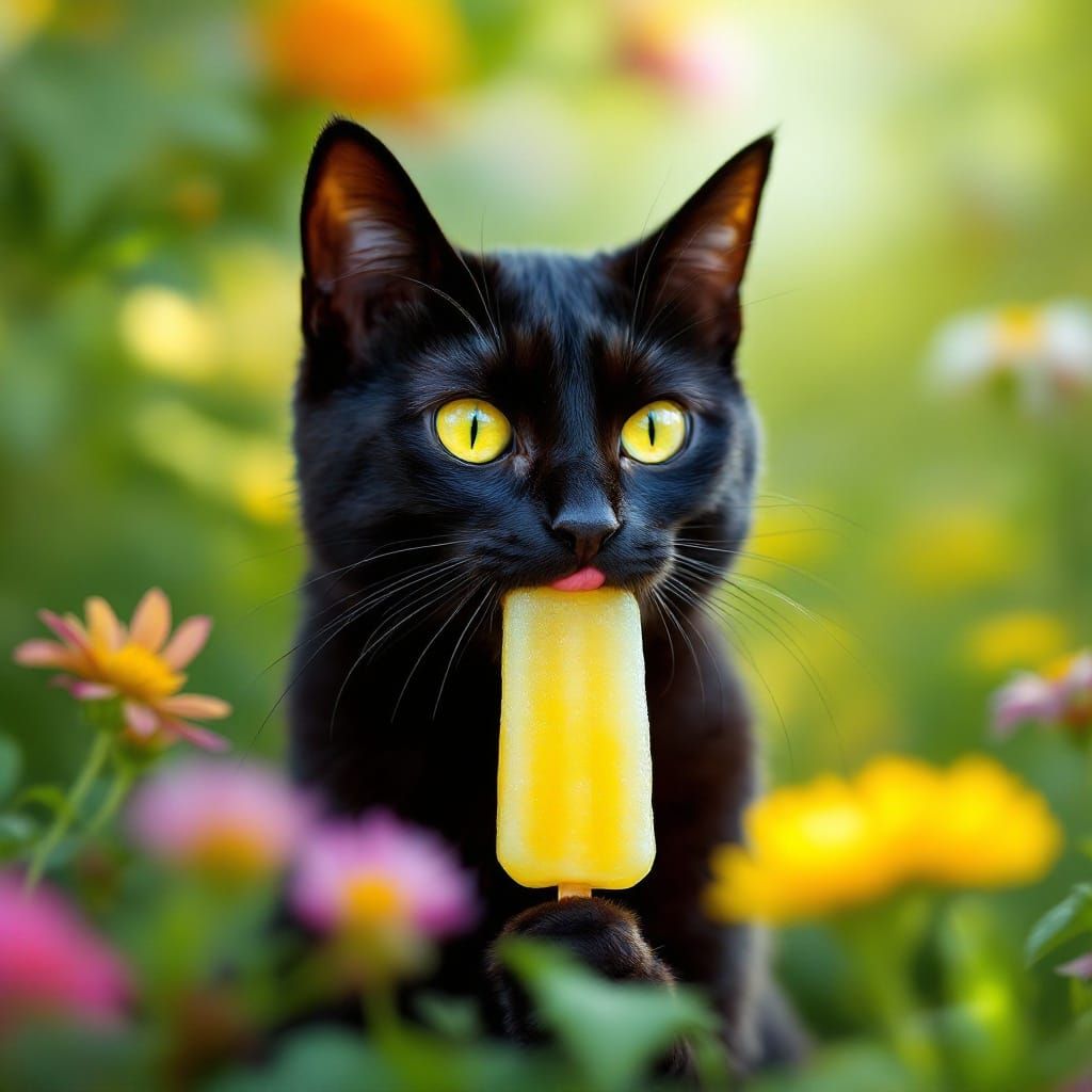 Black Cat Enjoys Lemon Ice Pop: Wildlife Photography
