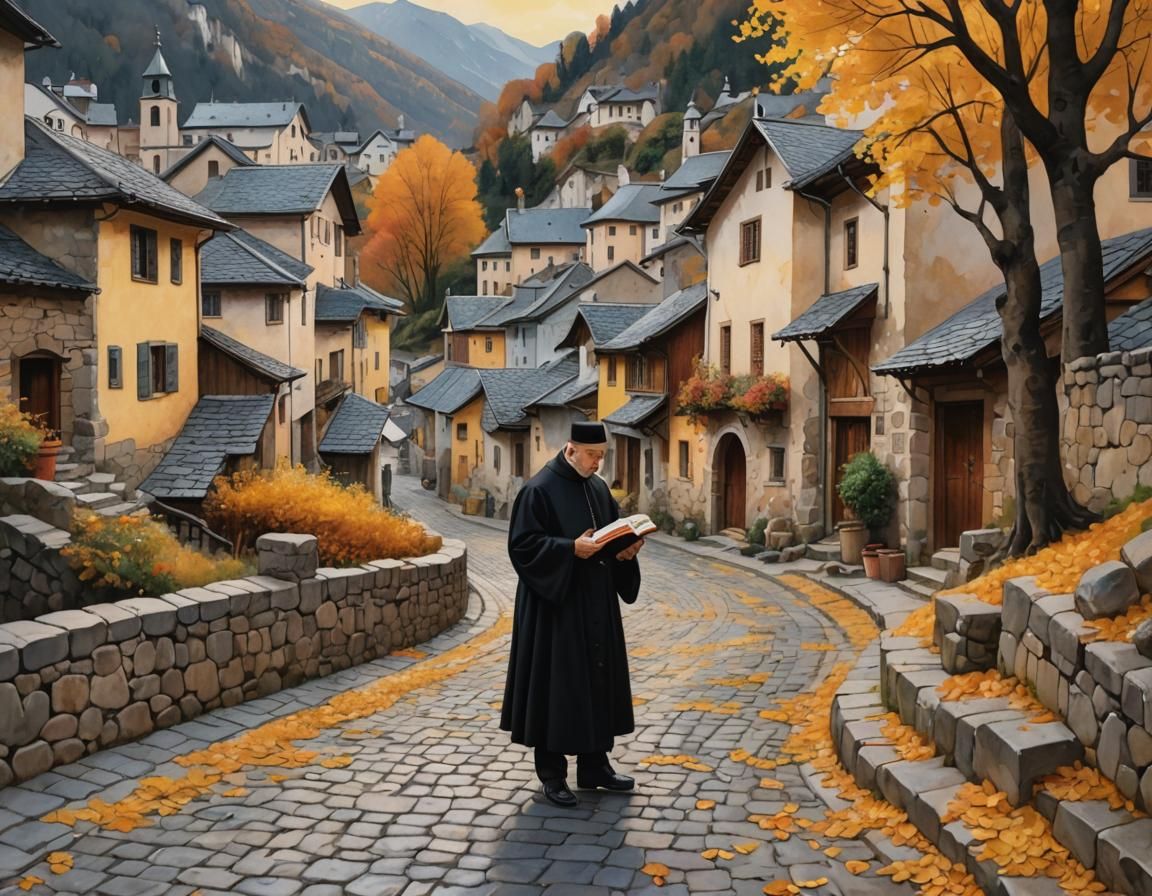 Catholic Priest Reading in Autumn Village: Expressionist Wat...