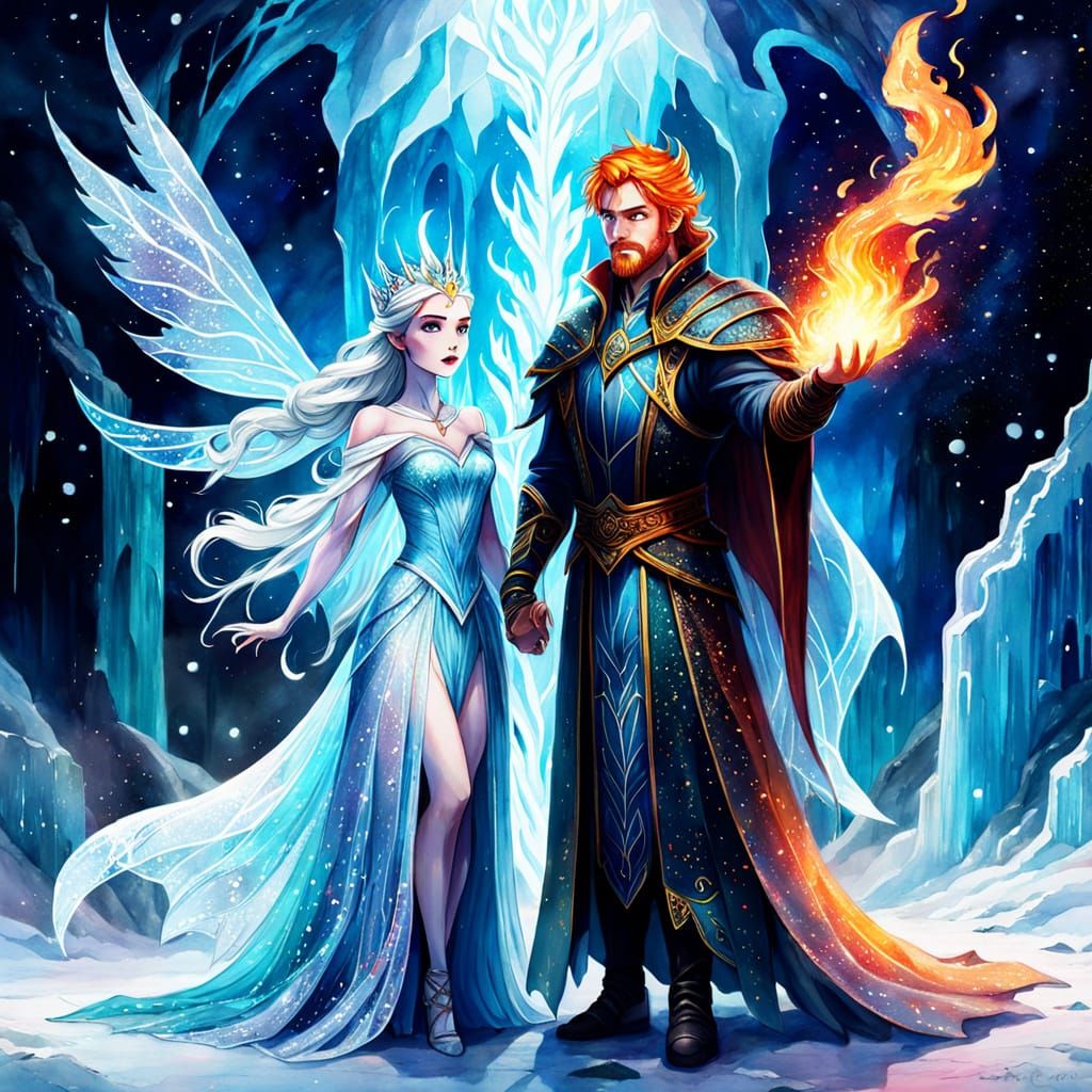 Ice Queen & Fire King Fantasy Art in Watercolor Style