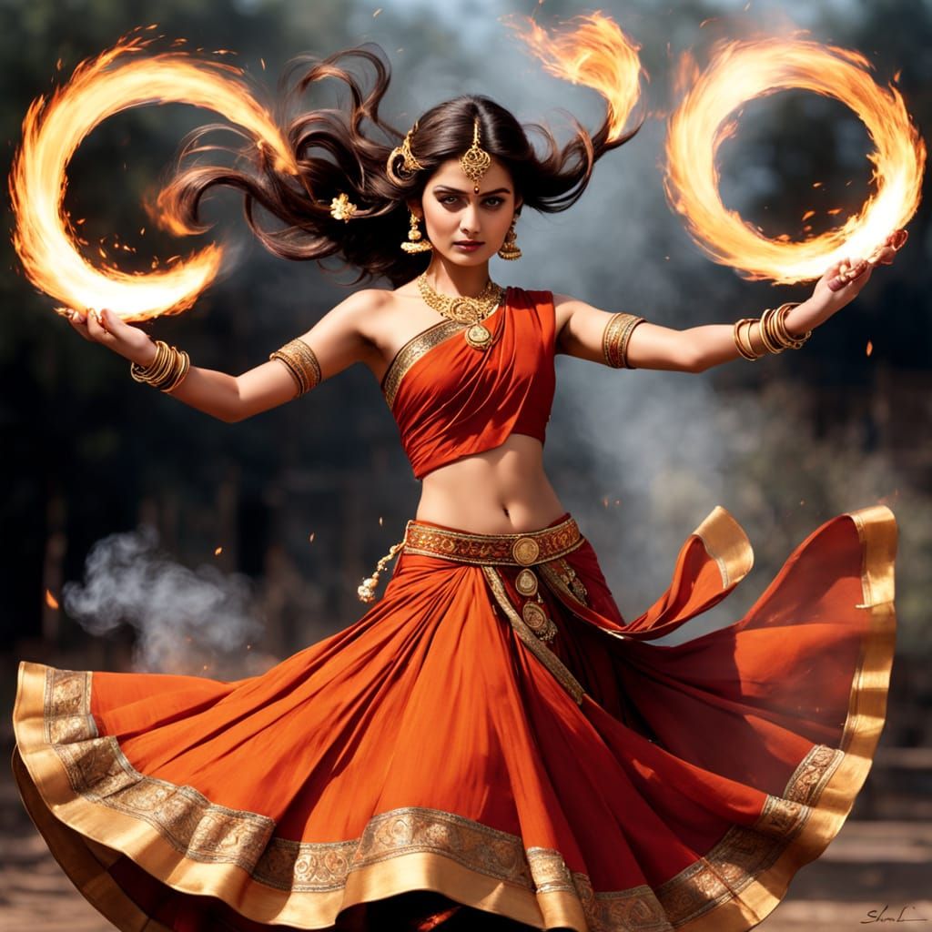 Cyberpunk Indian Warrior in Fiery Sari and Chakrams