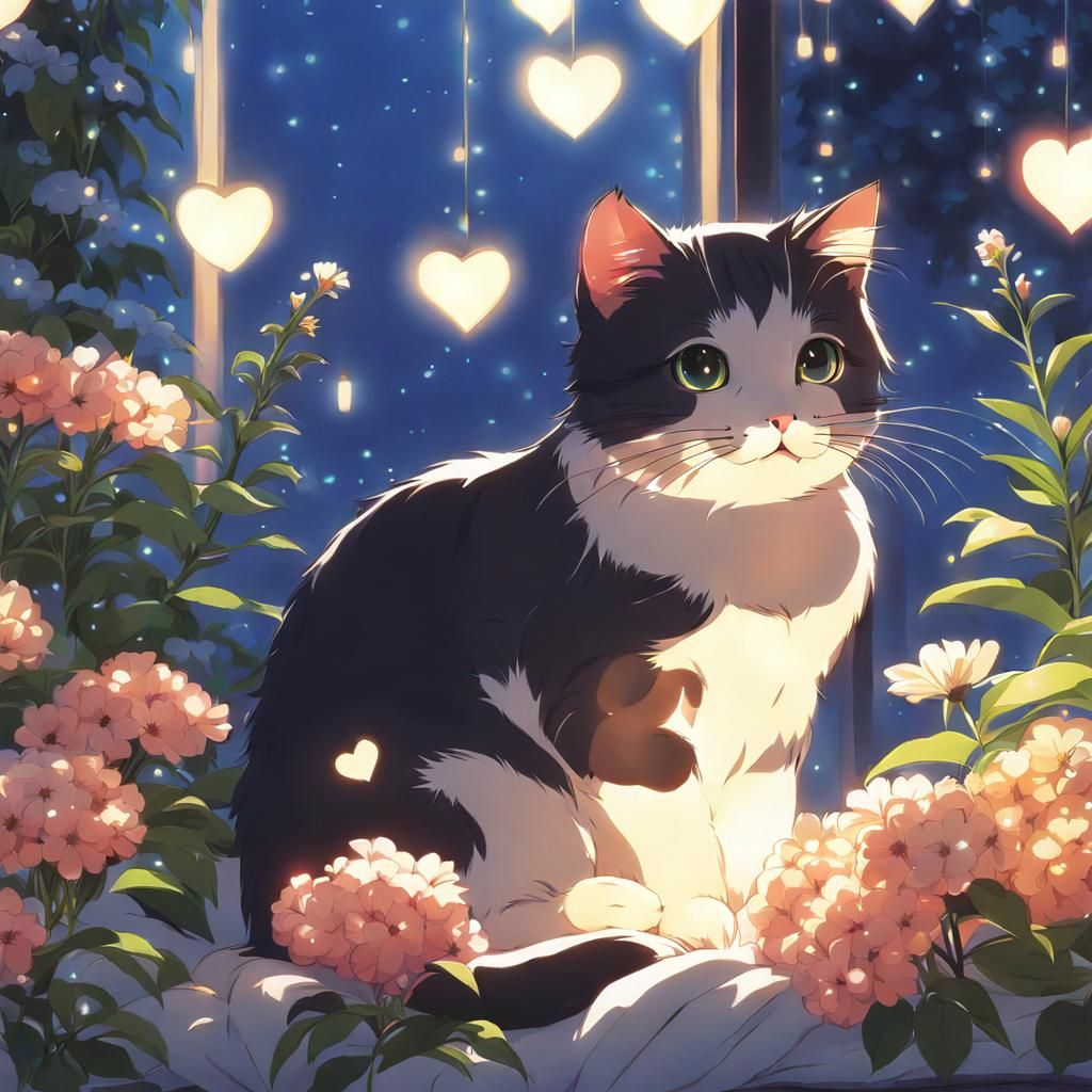 Cat Surrounded by Flowers in Anime Style