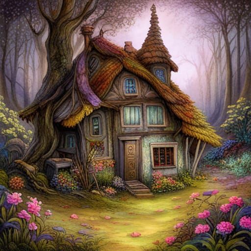 Fantasy Forest House Covered in Flowers