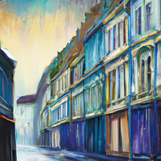 Neo-Impressionist Street Scene at Sunset in Expressionist Oi...