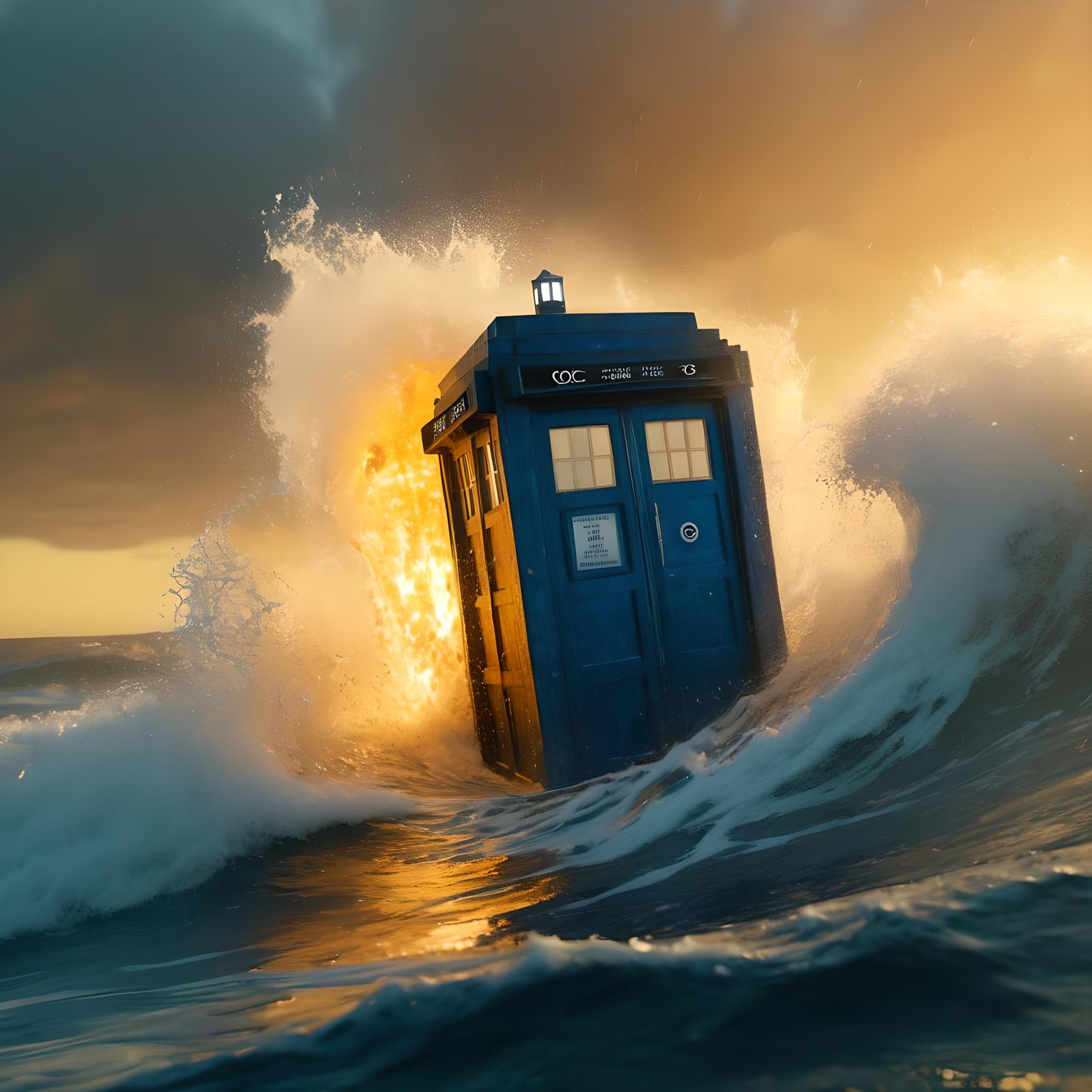 TARDIS Soaring from Ocean with Flames
