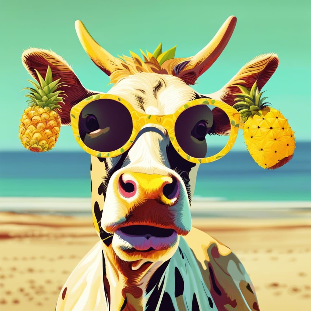 Cow in Pineapple Sunglasses at the Beach