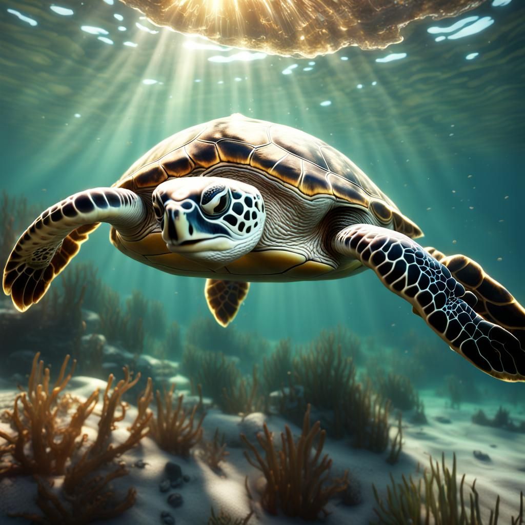 Green Turtle in Clear Water: Detailed Matte Painting
