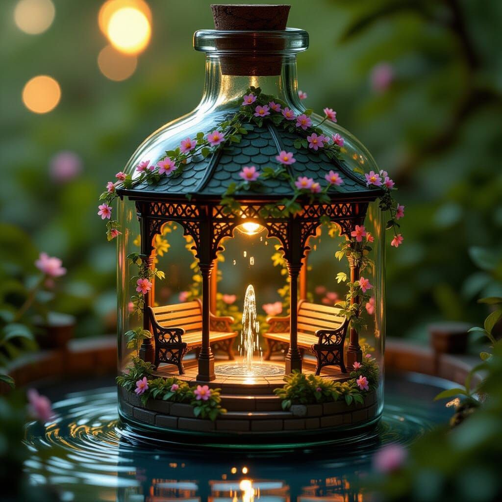 Ornate Gazebo Inside Glass Bottle in Hyperrealistic Style
