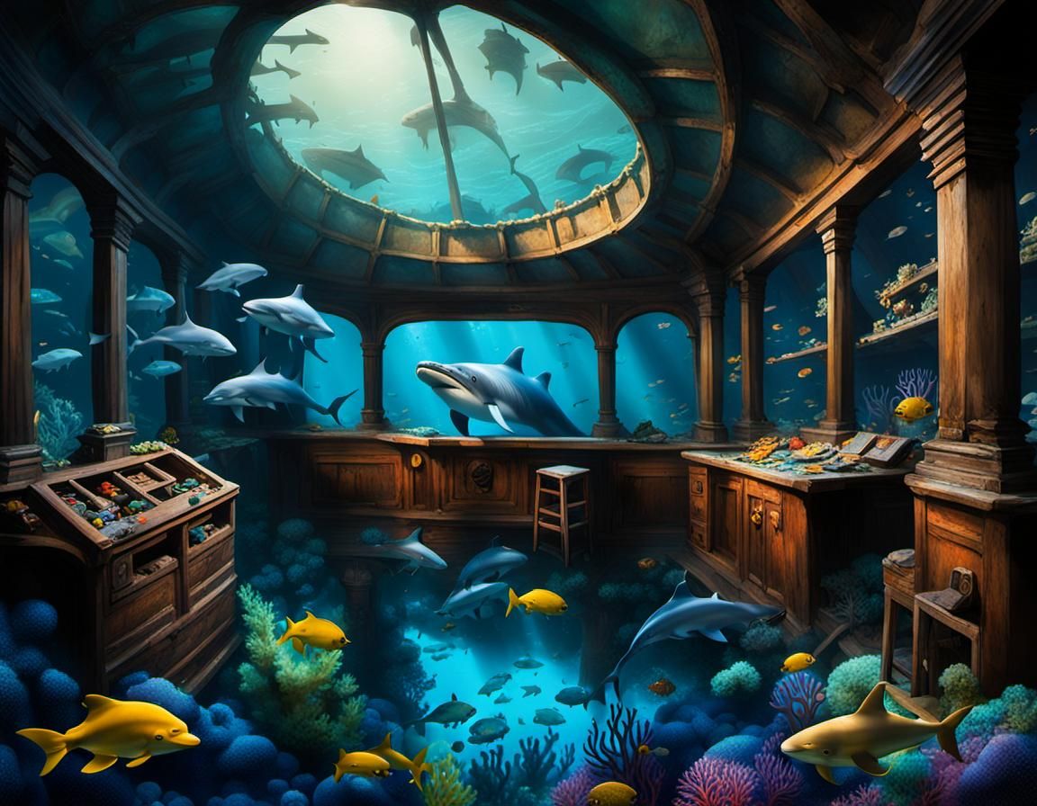 Sinister Shipwreck Interior with Dolphins, by Rutkowski