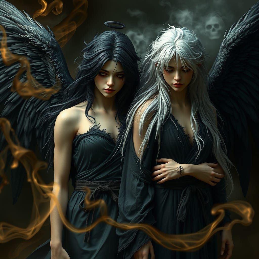 Two Lost Angels with Black Wings in Eerie Smoke