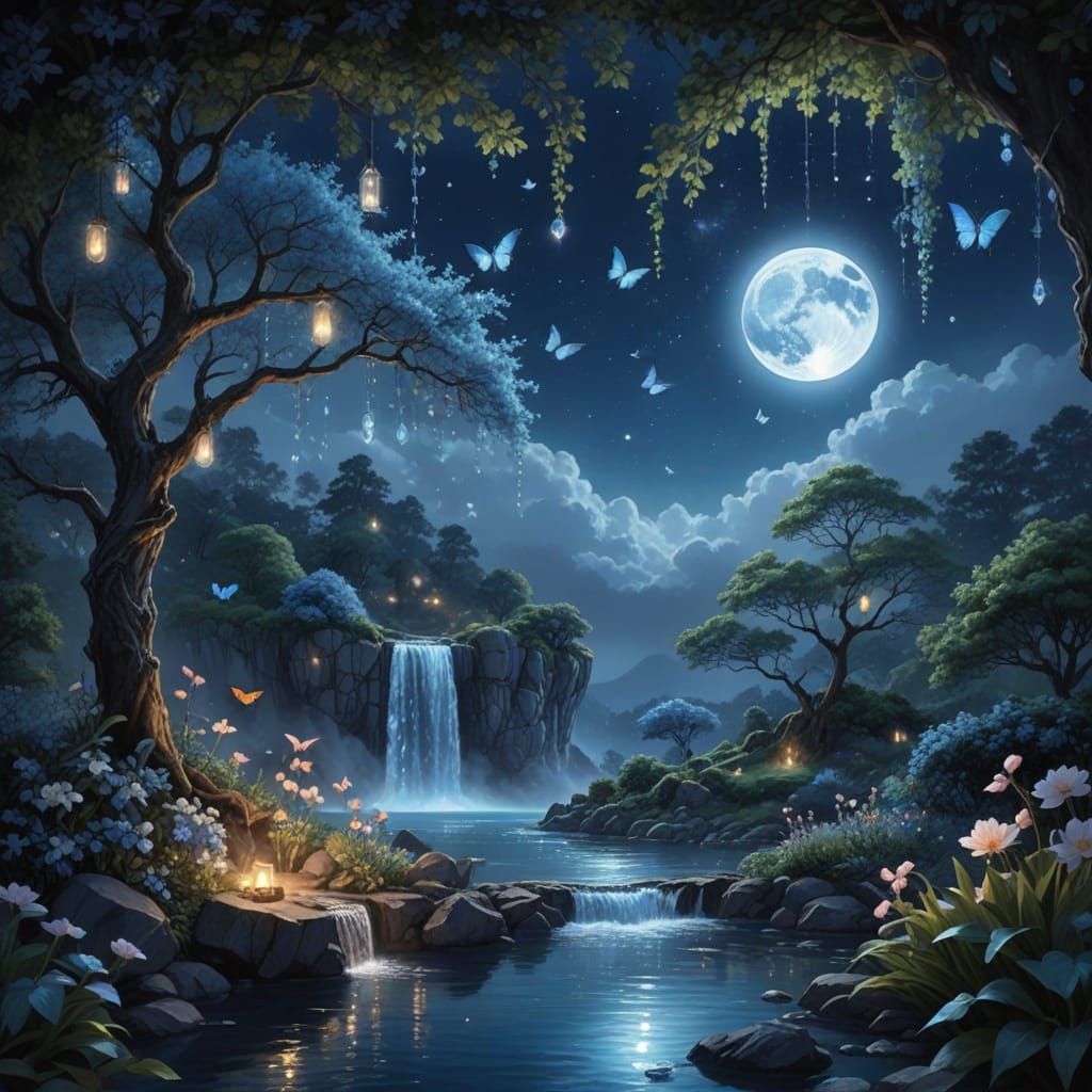 Ethereal Waterfall Ascending to Mountain Top in Anime Style