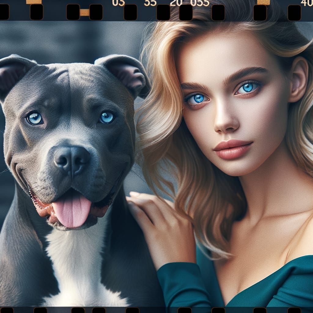 Ethereal Woman and Blue Amstaff in Cinematic 35mm Style