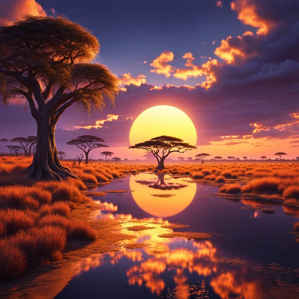 African Savannah Sunrise: Epic Digital Matte Painting