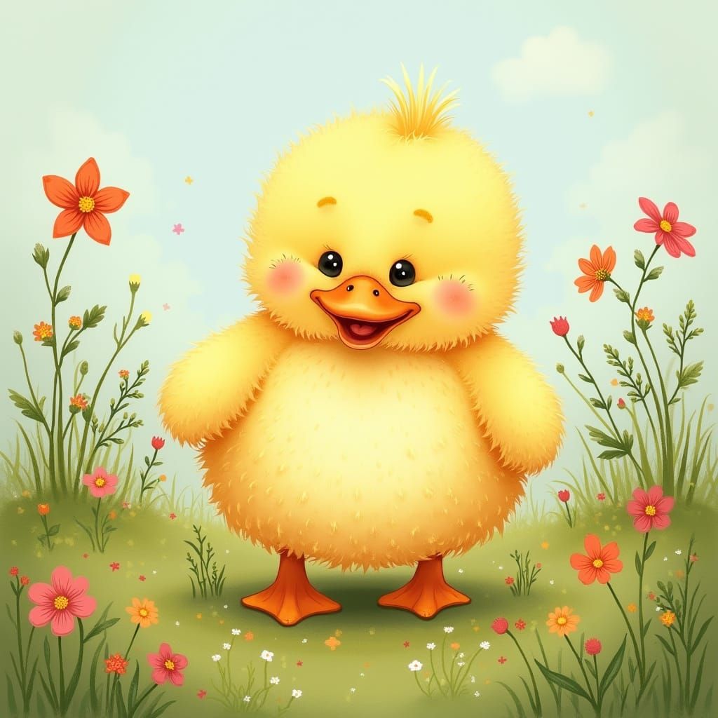 Charming Folk Art Duck in Whimsical Meadow