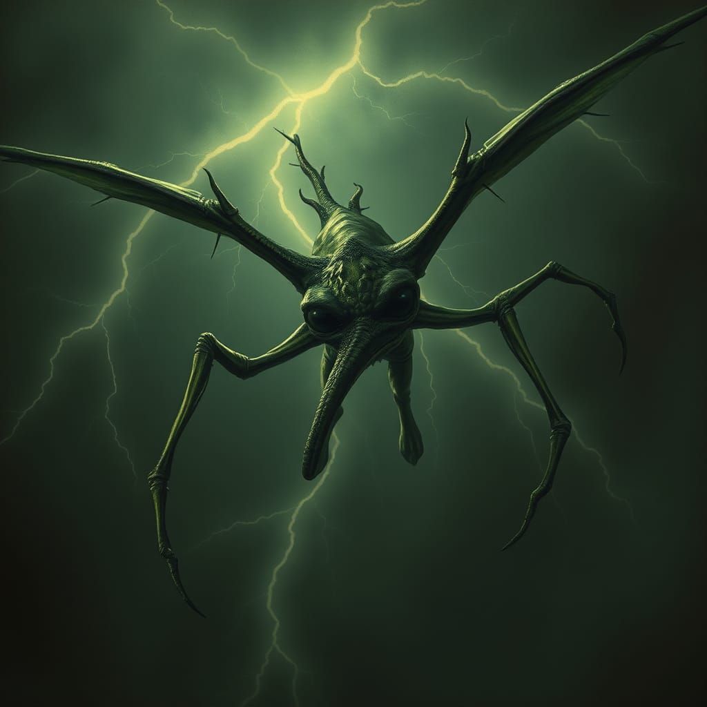 Terrifying Green Alien Takes Flight in Gothic Style