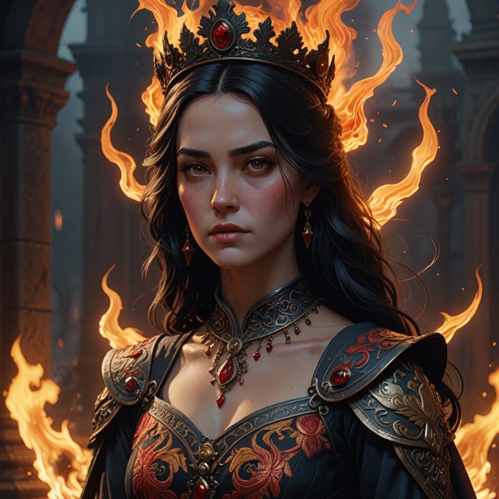 Regal Flame Maiden in Medieval Gown with Lava Crown