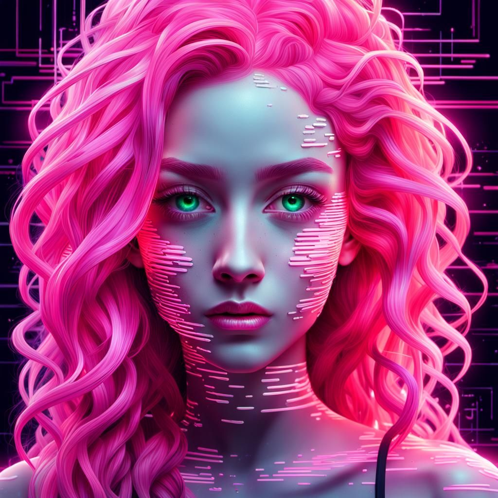 Neon Glitch Woman Portrait in Digital Art Style