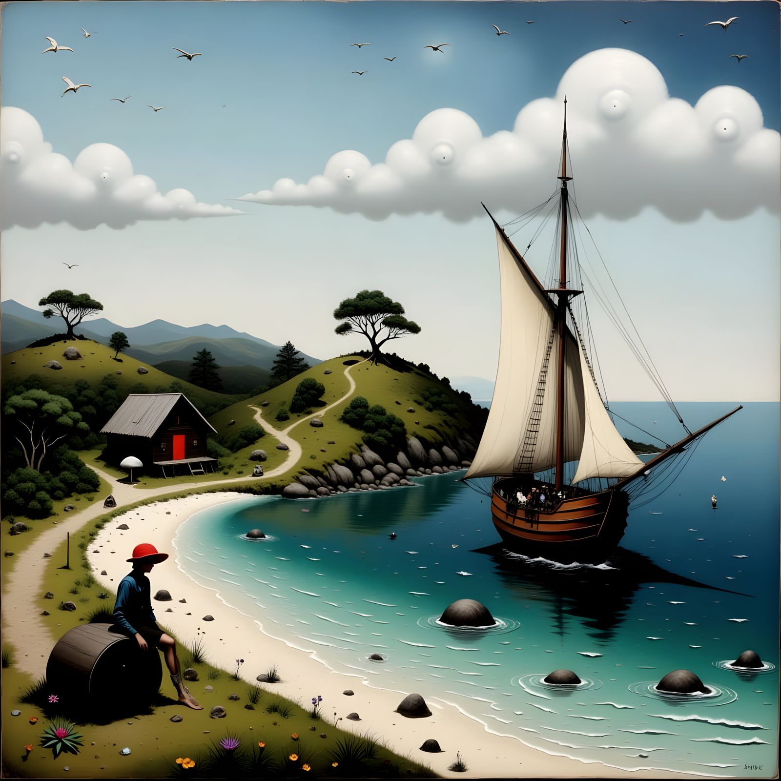 He watches the ship sail away