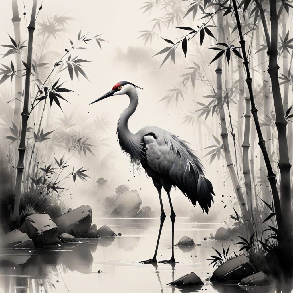 Elegant Crane in Misty Bamboo Grove, Sumi-e Style
