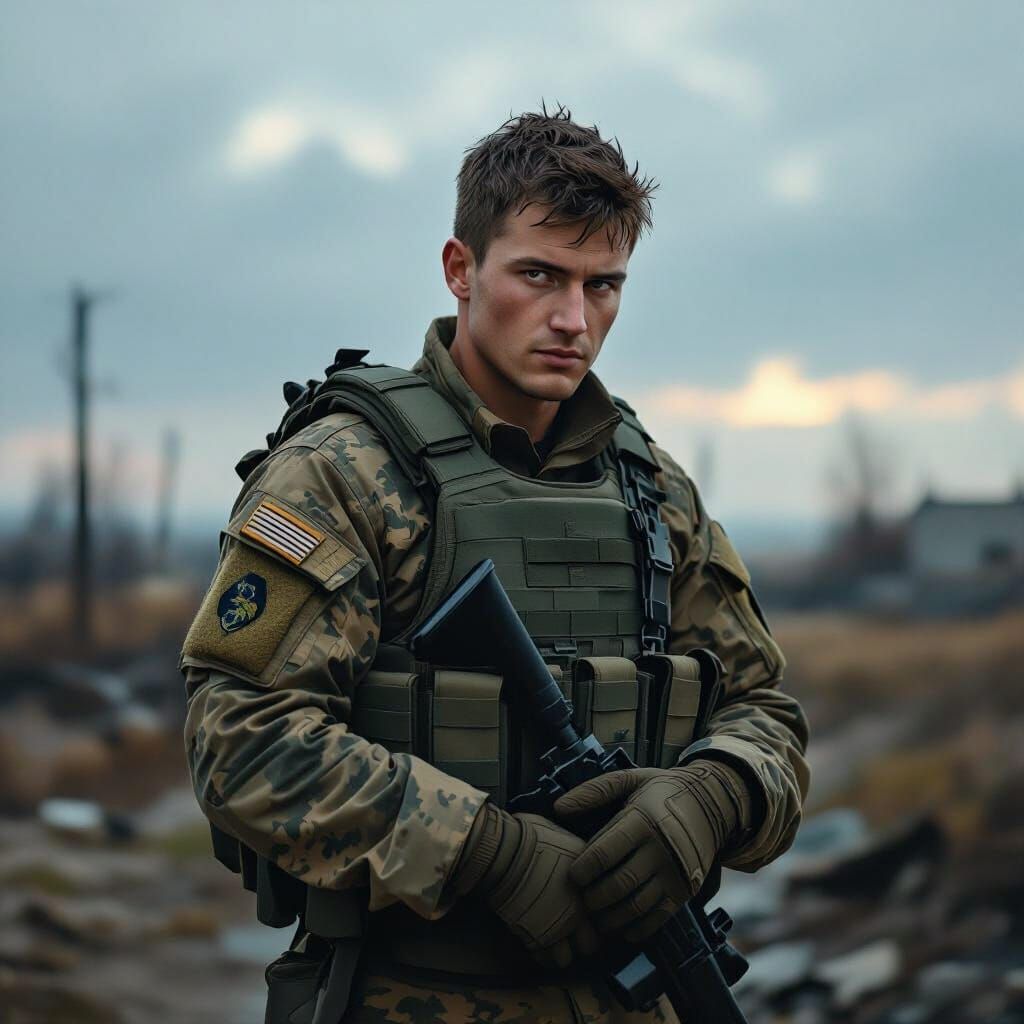 Ukrainian Soldier Removes Body Armor in War-Torn Landscape